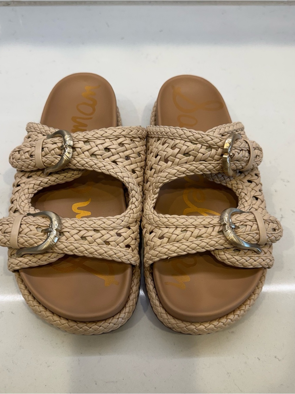 Sam Edelman Reid Woven Double Buckle Platform Slide Sandals Beige Size 8
